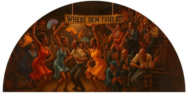 Vintage juke joint style clack fan design with “Where Dem Fans At” banner, dancing crowd, live musicians, hand fans, and warm club scene background.