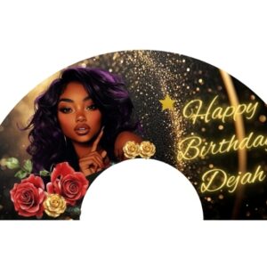 Birthday clack fan design with glowing โHappy Birthday YOUR NAMEโ text, illustrated woman with purple hair, red and gold roses, gold stars, and a black and gold glitter background.