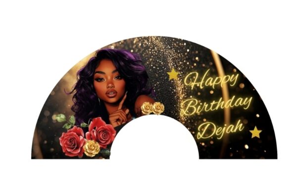 Birthday clack fan design with glowing “Happy Birthday YOUR NAME” text, illustrated woman with purple hair, red and gold roses, gold stars, and a black and gold glitter background.
