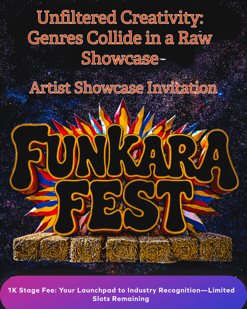 Funakra Music Festival Poster with soft psychadelic background showing date with Funkara Fest Logo with colorful burst behind sitting on hay bales with slogan and inviting artist to apply to showcase.