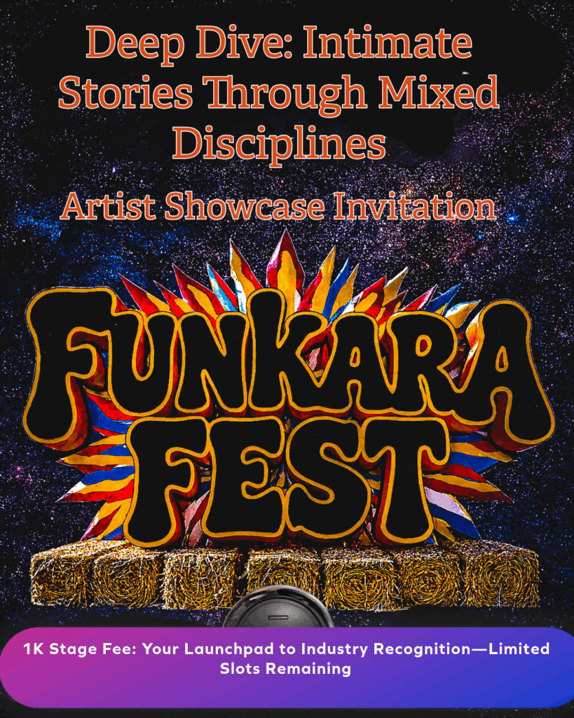 Funkara Fest artist showcase poster with cosmic starry background, hay bale stage, and 1K stage fee invitation