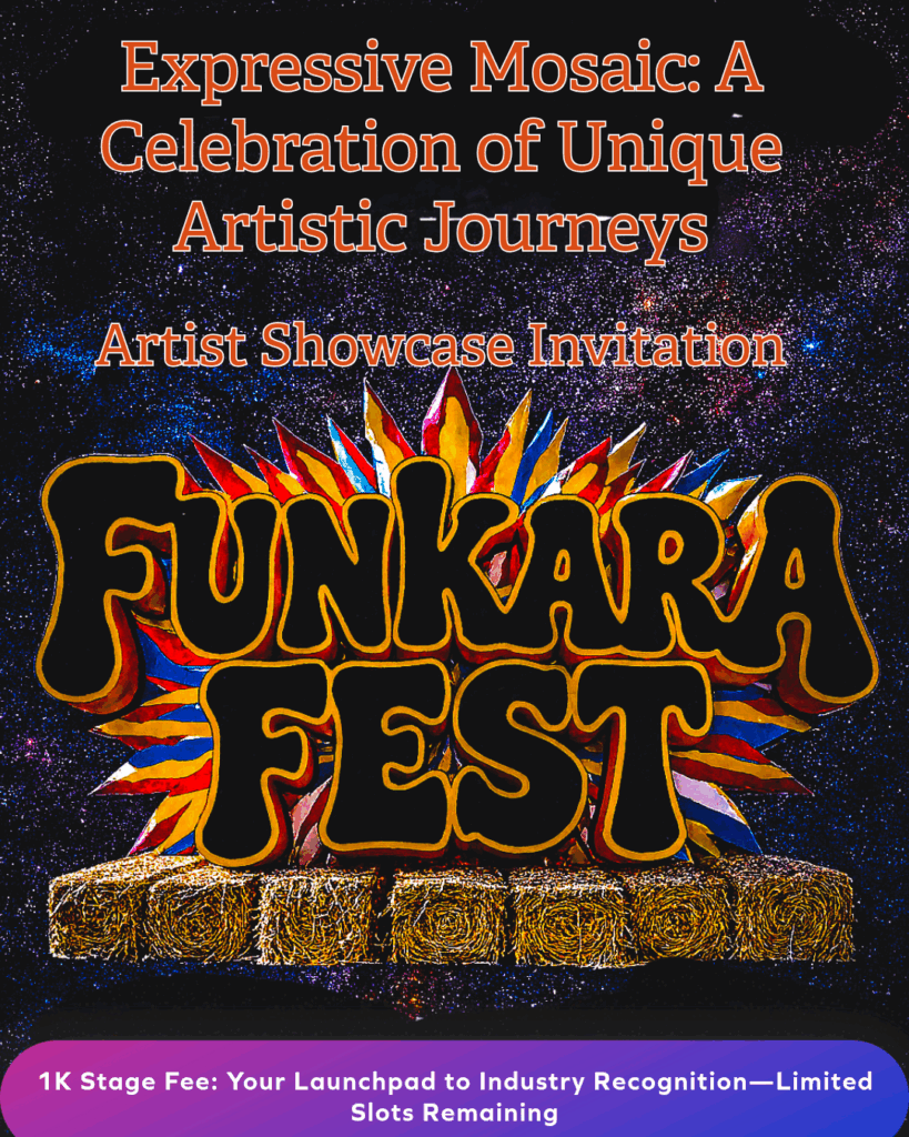 Promotional Poster for Funkara Music Fest 2026 With the festival logo sitting on hay. Below that there's a slogan.and buy tickets now button.