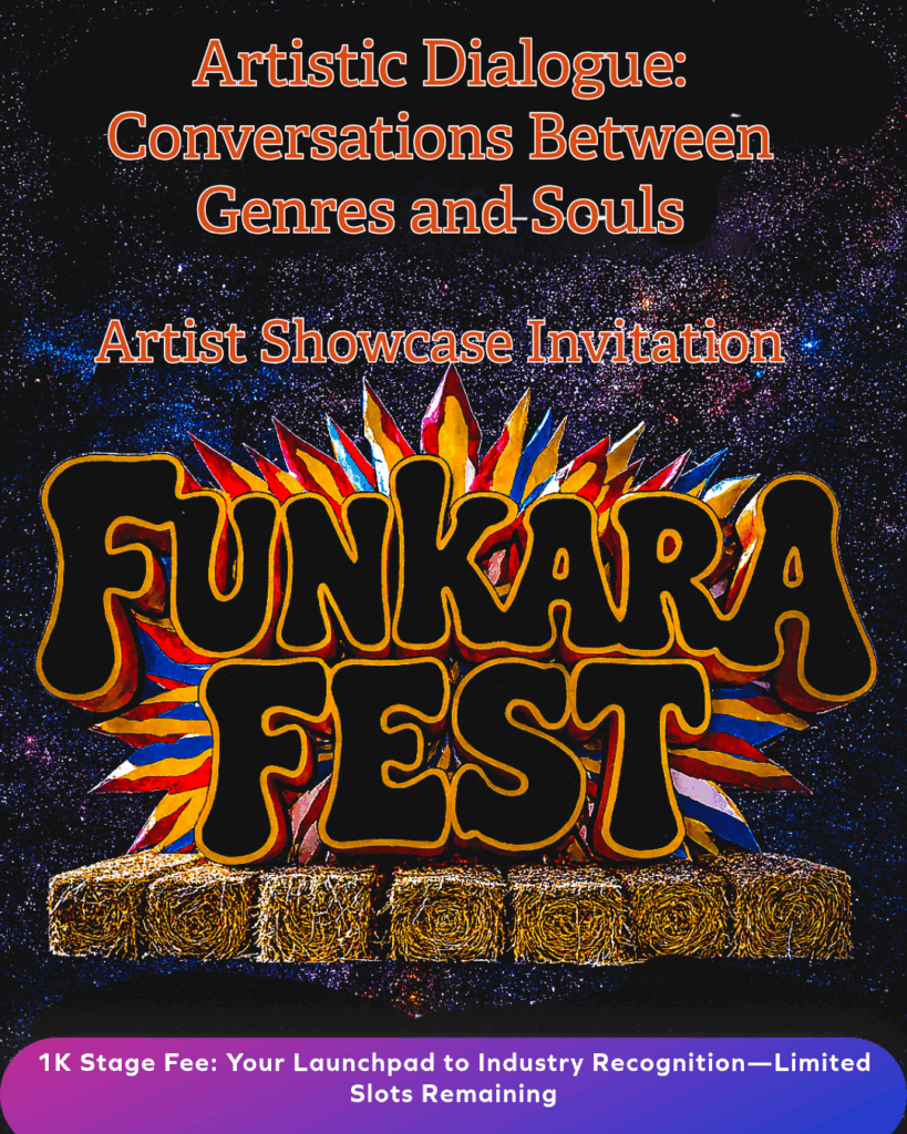 Funkara Fest artist showcase poster with cosmic starry background, hay bale stage, and 1K stage fee artist invite