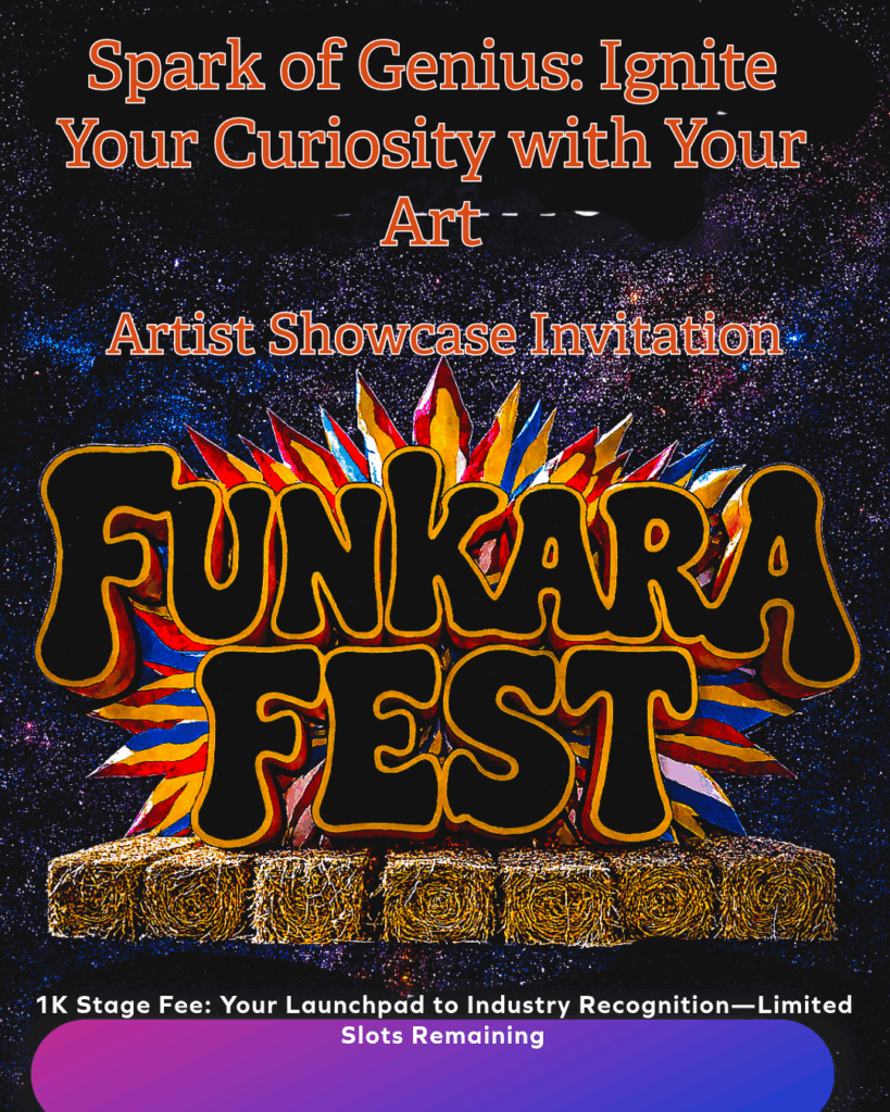 Funkara Fest artist showcase poster with cosmic starry background, hay bale stage, and 1K stage fee invitation.