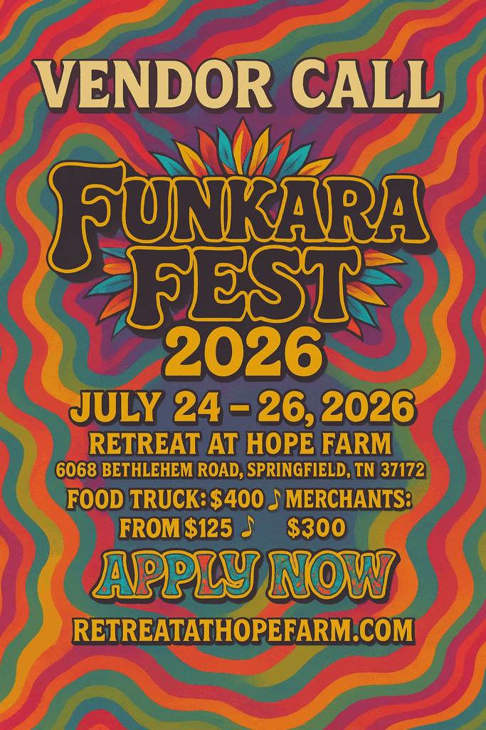 estival poster reads “Vendors Wanted – Funkara Fest” with tents, vendors, and a bright outdoor marketplace scene in psyhadelic colors