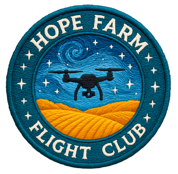Embroidered circular patch featuring a drone flying over golden farm fields beneath a swirling starry night sky, with the words “Hope Farm Flight Club” around the border.