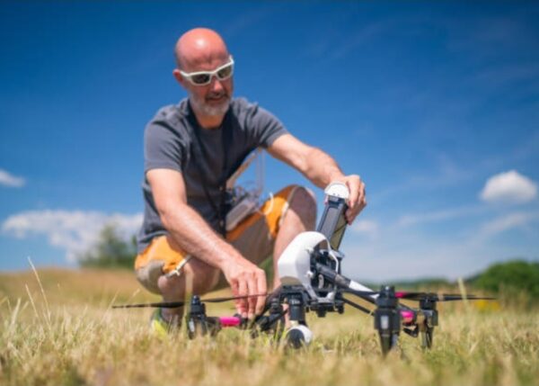 A man wearing sunglasses kneels in a field while preparing a large quadcopter drone for flight on a sunny day.