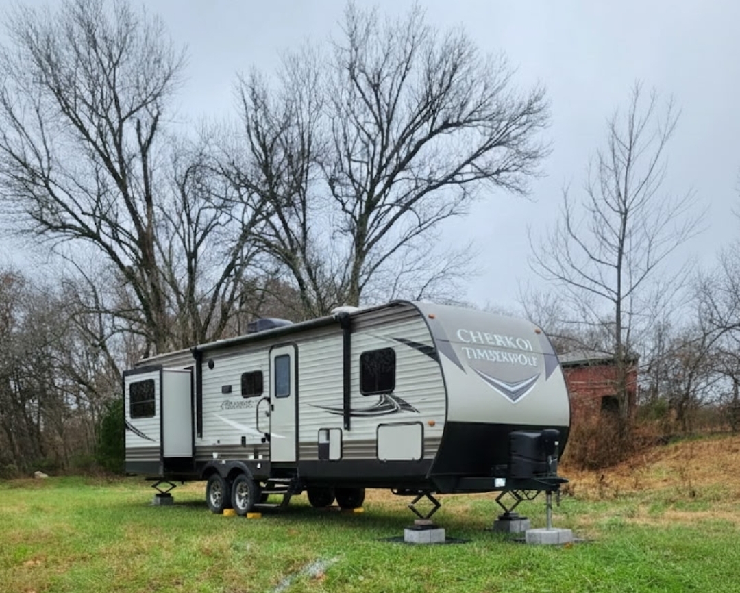 RV sitting at Retreat at Hope Farm in one of the private fields