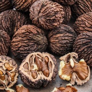 Close-up of black walnuts in shell, with several cracked open to show the dark, rich kernels and broken pieces on a gray surface.