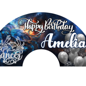 Cancer zodiac birthday clack fan design with โHappy Birthdayโ text, cosmic blue background, Cancer crab symbol, silver balloons, and starry accents.