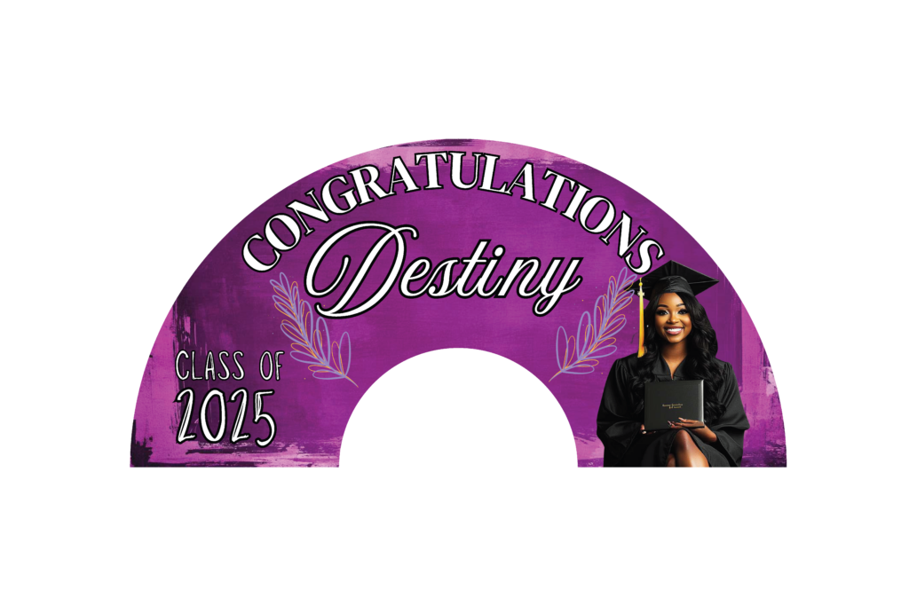 Personalized purple graduation clack fan with Congratulations Destiny text, Class of 20XX lettering, decorative leaf accents, and graduate holding a diploma.