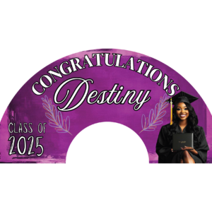 Personalized purple graduation clack fan with Congratulations Destiny text, Class of 20XX lettering, decorative leaf accents, and graduate holding a diploma.