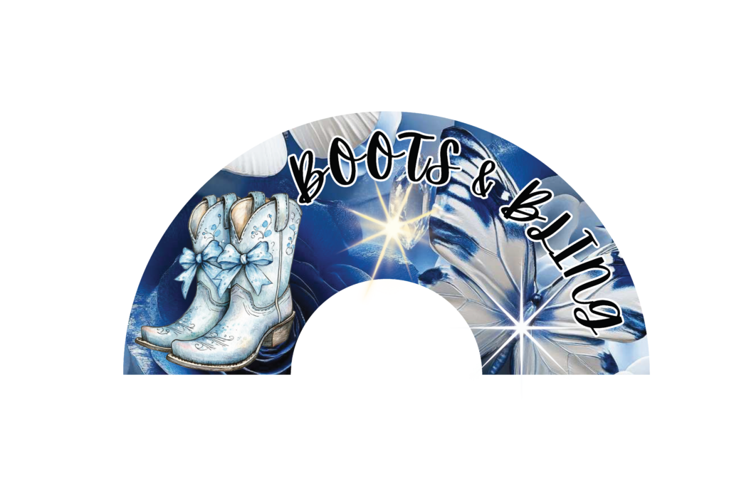 Blue Boots and Bling clack fan with light blue cowgirl boots, blue bow accents, sparkling blue floral background, and bold curved lettering.
