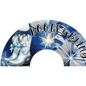 Blue Boots and Bling clack fan with light blue cowgirl boots, blue bow accents, sparkling blue floral background, and bold curved lettering.