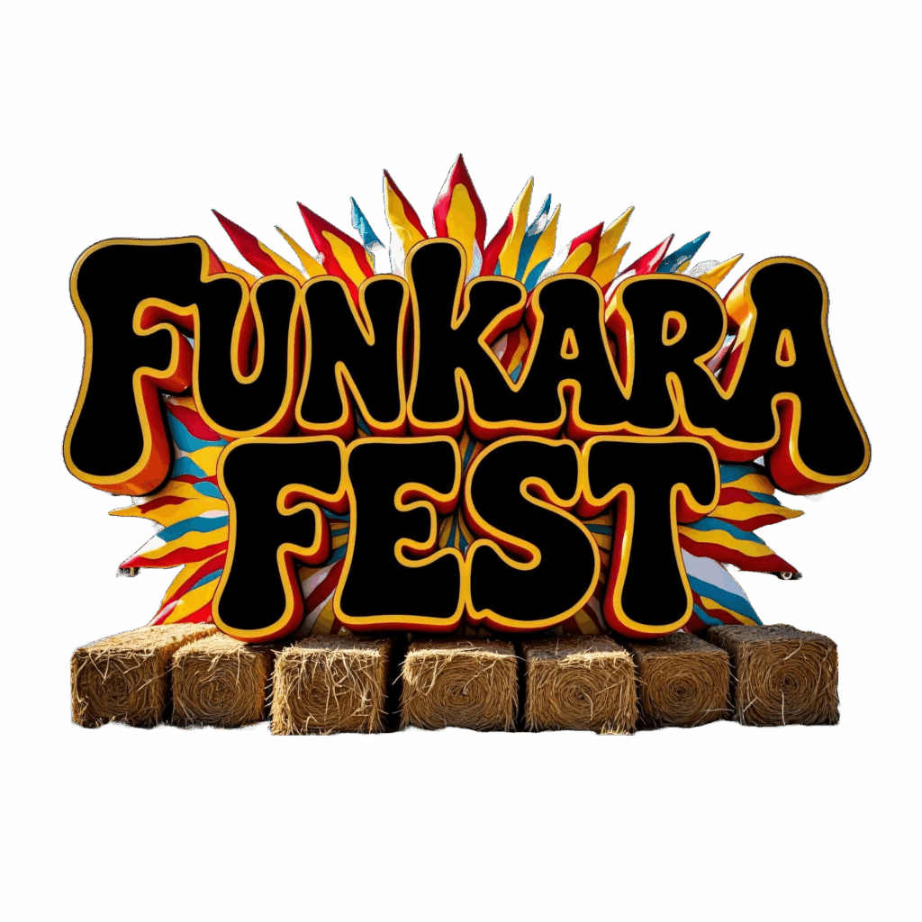 Funkara Fest Logo with colorful burst behind sitting on bales of hay with white backgroind