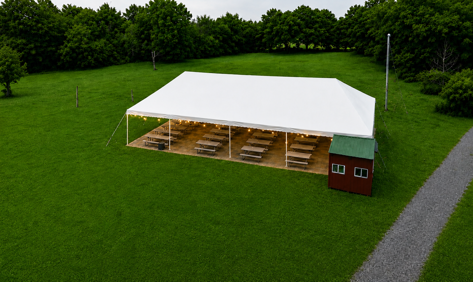 Reception Pavilion and Commons prepared for a relaxed festival gathering