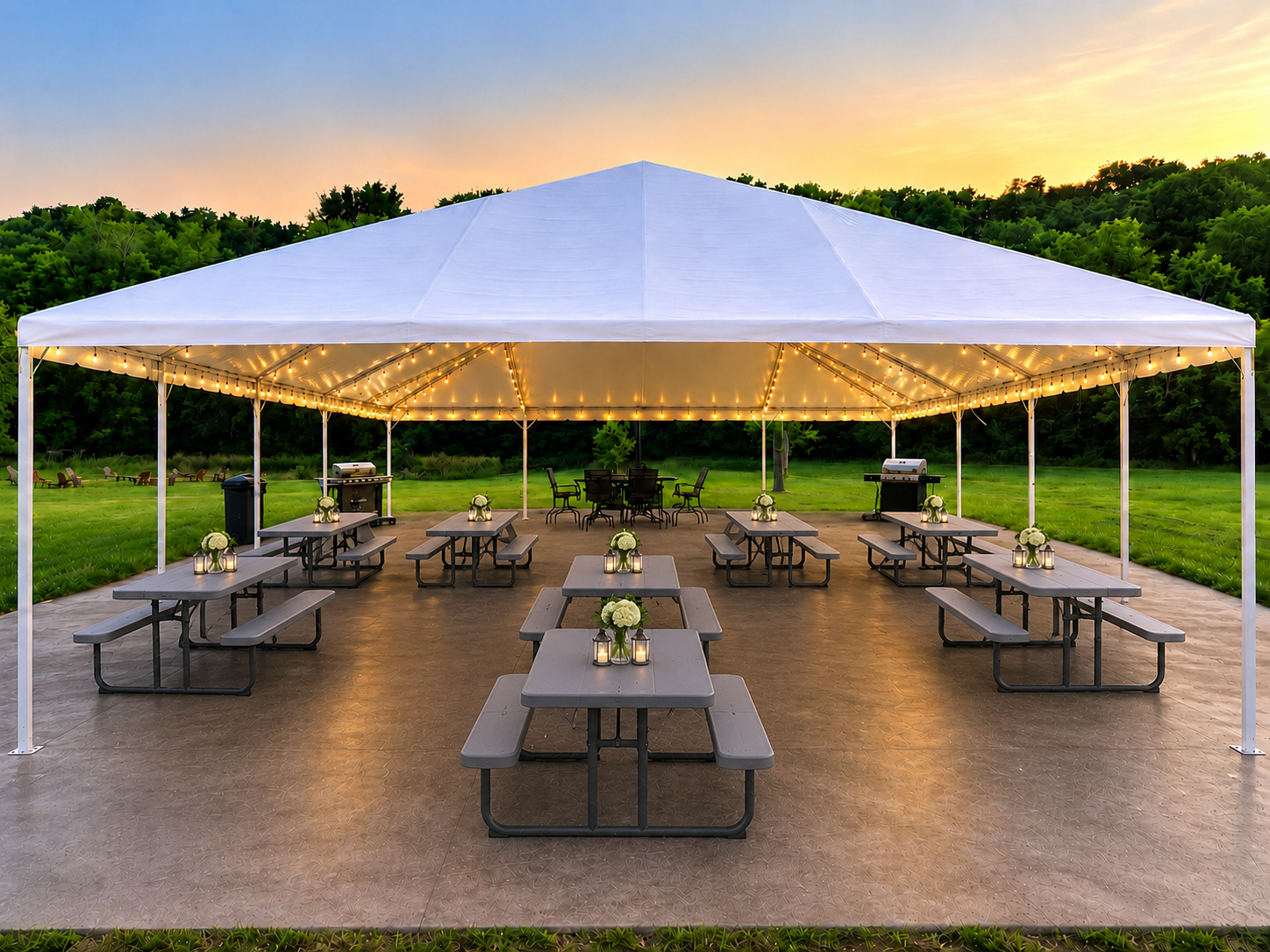 Reception Pavilion with picnic tables and lights for a festival or special event