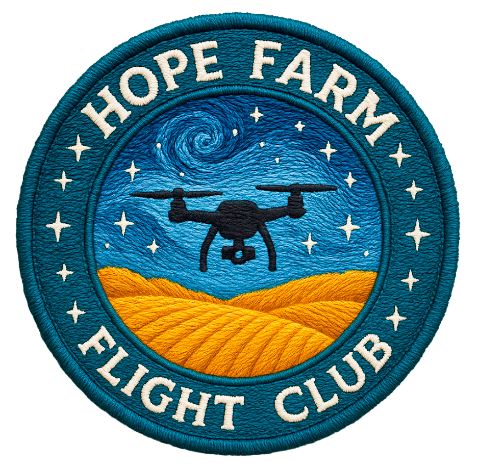 Embroidered circular patch featuring a drone flying over golden farm fields beneath a swirling starry night sky, with the words “Hope Farm Flight Club” around the border.